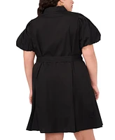 Msk Plus Size Cotton Puff-Sleeve Belted Shirtdress