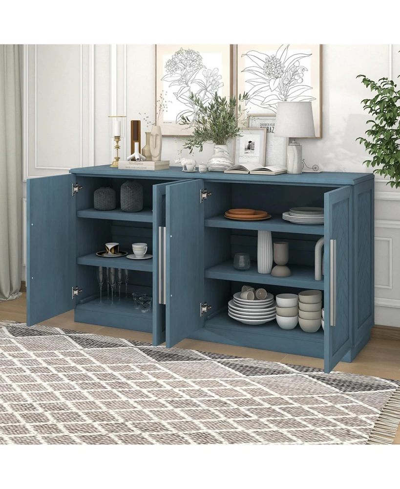 Antique Blue Sideboard with Adjustable Shelves and Silver Handles