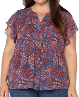 Liverpool Plus Size Printed Split-Neck Flutter-Sleeve Blouse