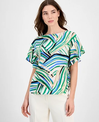 Anne Klein Women's Printed Boat-Neck Flutter-Sleeve Top