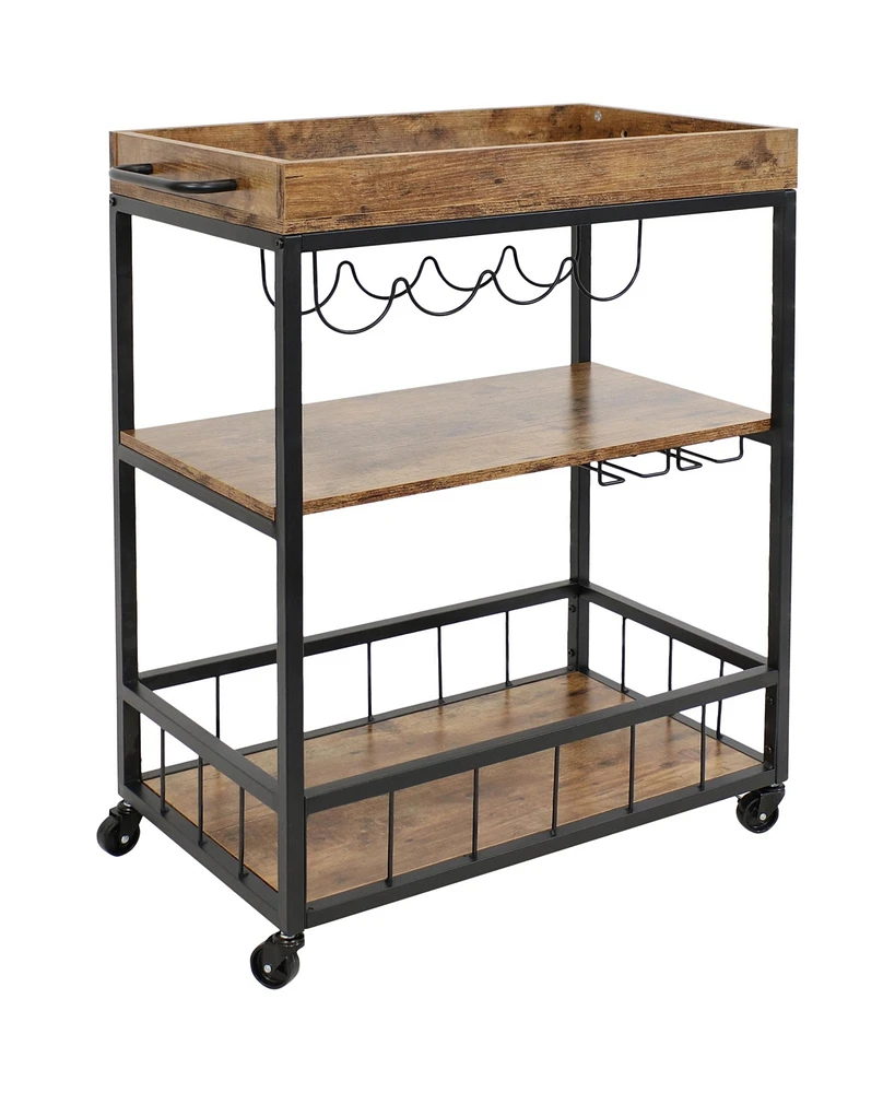 3 Tier Rustic Industrial Style Rolling Indoor Bar Cart with Wine Bottle and Stemware Rack