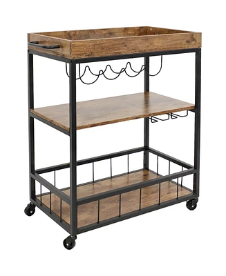 3 Tier Rustic Industrial Style Rolling Indoor Bar Cart with Wine Bottle and Stemware Rack