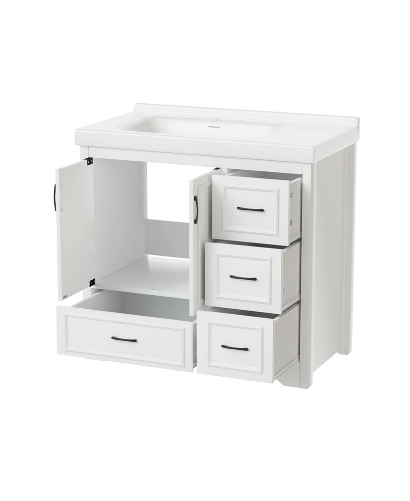 36" Bathroom Vanity with Sink, 2 Doors, 4 Drawers (White, 35.8"W x 19.7"D x 35.4"H)