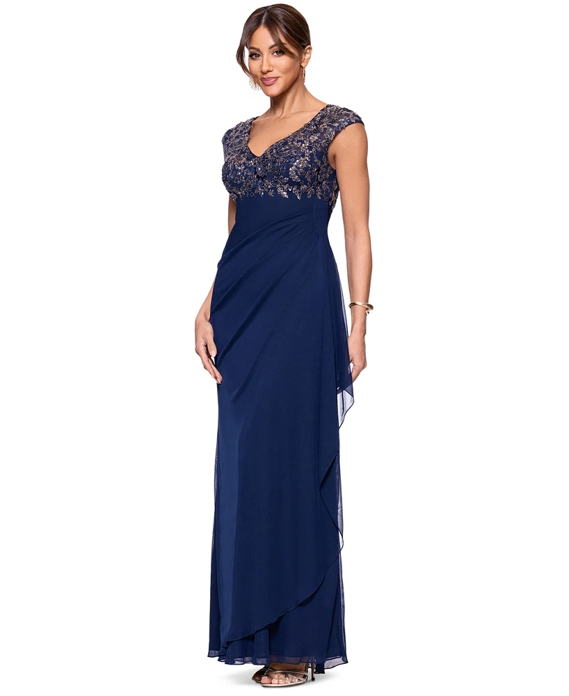 Xscape Petite Beaded Ruched-Back Gown