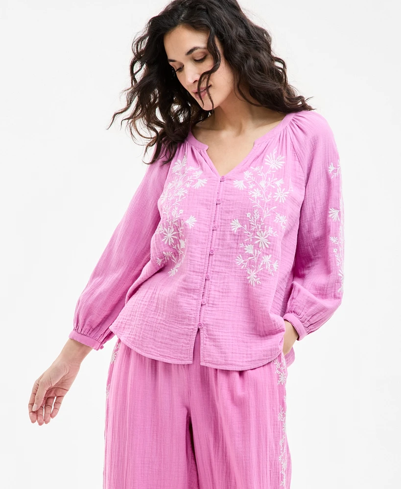 Style & Co Petite Cotton Textured Floral-Embroidered Blouse, Exclusively at Macy's