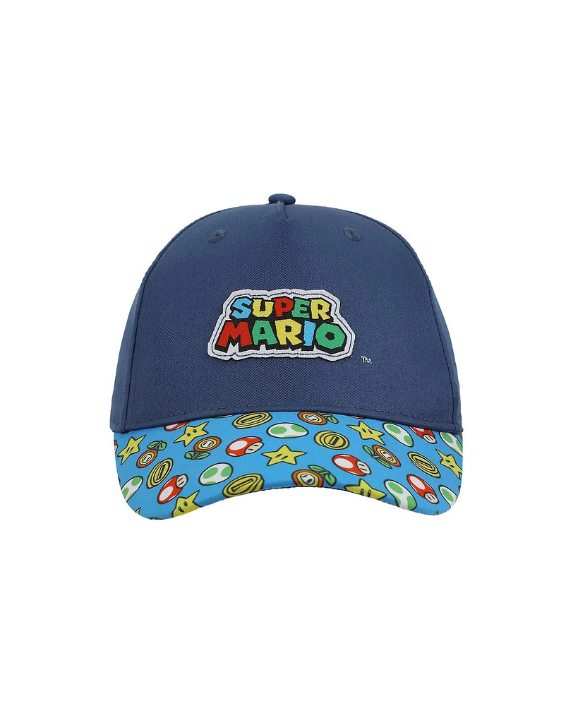 Super Mario Boys Bros Logo & Power-Ups Youth Blue Traditional Adjustable Hat