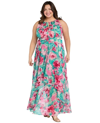 R & M Richards Plus Printed Overlay-Skirt Maxi Dress