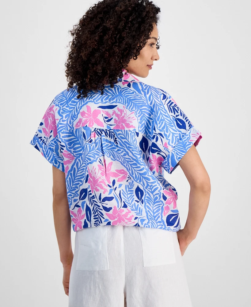 Charter Club Petite 100% Linen Floral-Print Tie-Front Shirt, Exclusively at Macy's