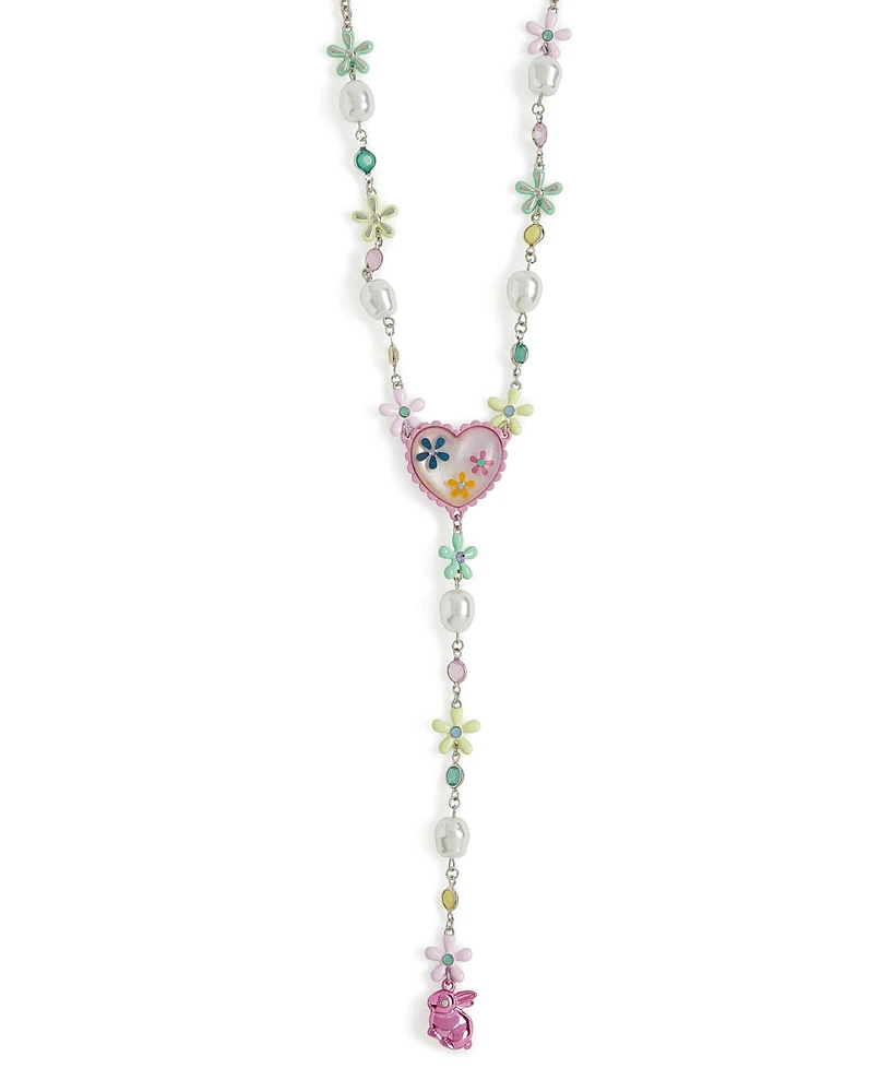 Betsey Johnson Faux Stone Spring Floral Heart Y Necklace