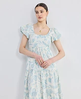 Reistor Women's Puff Sleeve Tiered Midi Dress Blue Florals