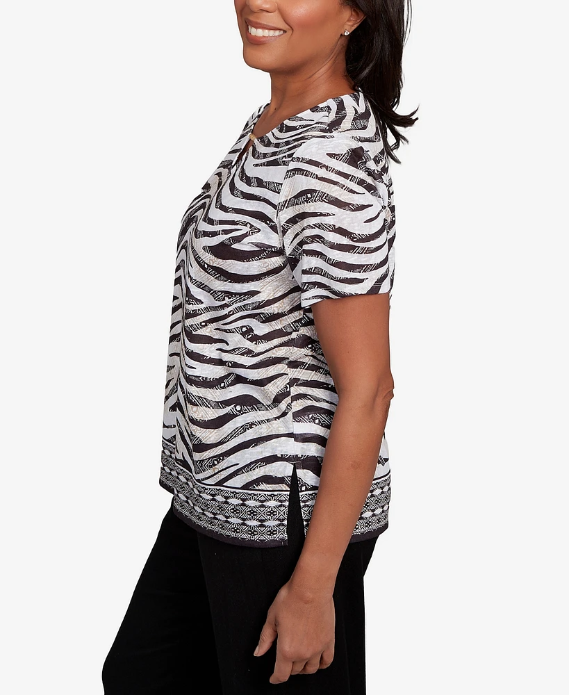 Alfred Dunner Women's Beaded Split Neck Animal Print Top