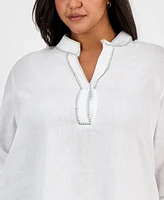 Charter Club Plus Size 100% Linen Embroidered Top, Exclusively at Macy's