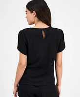 Ak Anne Klein Petite Textured Tulip-Sleeve Jewel-Neck Top