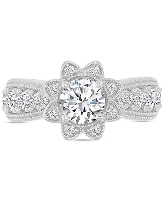 Cubic Zirconia Star Halo Milgrain Bead Ring Sterling Silver