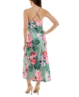Katia Rae Juniors' Floral Satin Twist-Front Cutout Dress