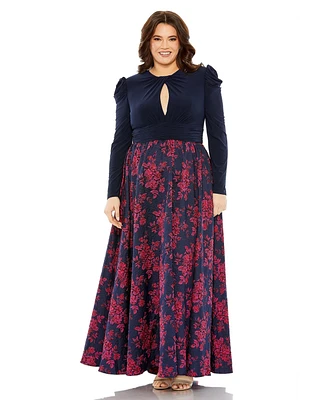 Mac Duggal Plus Long Sleeve Keyhole Knot Neck Floral Bottom Gown