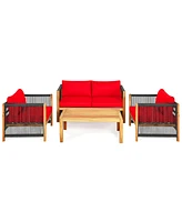 Gymax 8PCS Patio Outdoor Furniture Conversation Set Acacia Wood W/ Cushions