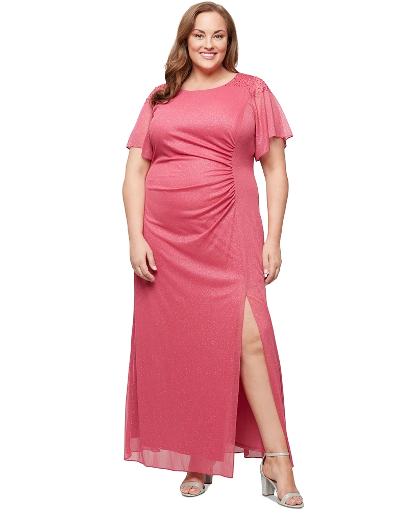 Sl Fashions Plus Flutter-Sleeve Side-Ruched Glitter Gown