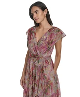 Jessica Howard Women's Metallic Floral-print V-neck Surplice Gown