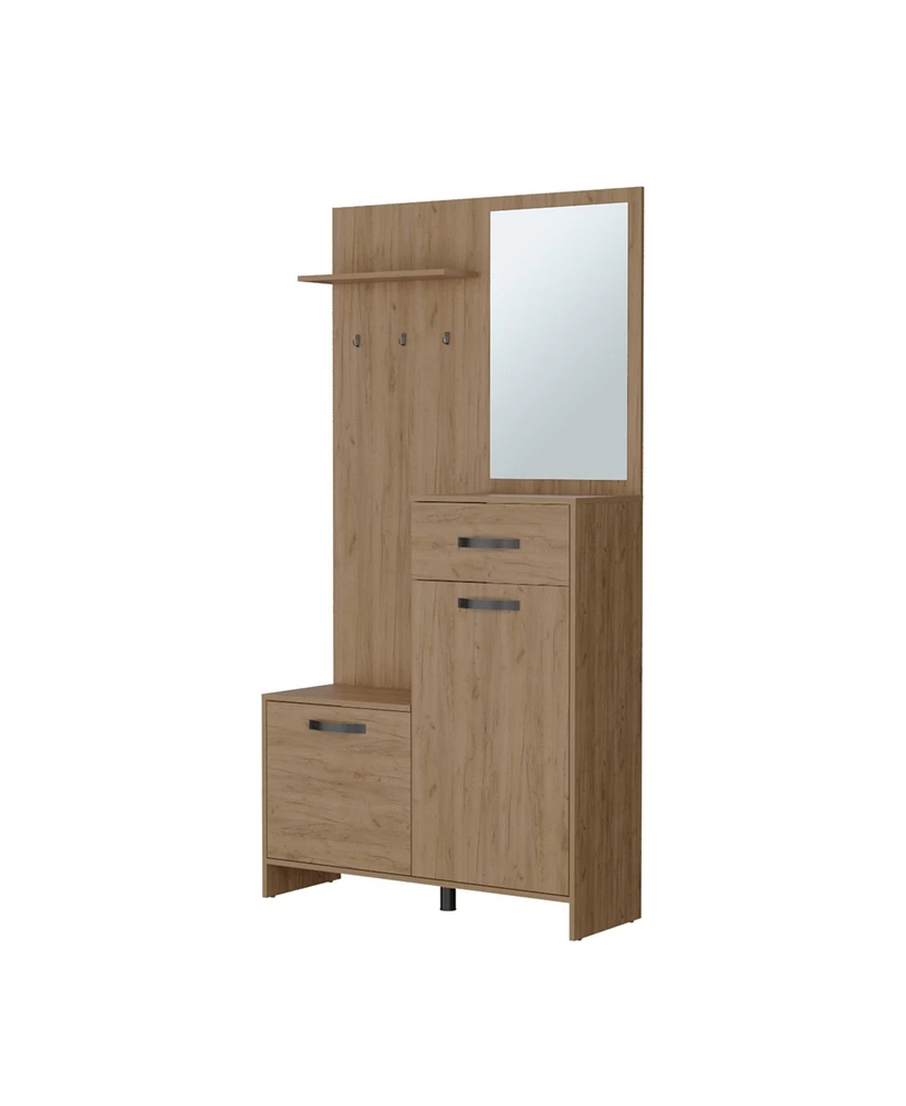 Fm Furniture Elko Hall Tree Multistorage with a Mirror, Natural Oak