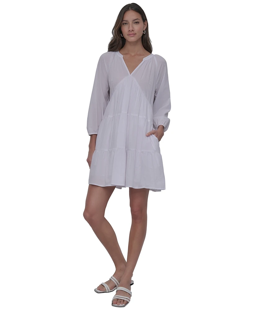 Dkny Jeans Women's Cotton Split-Neck Tiered Dress