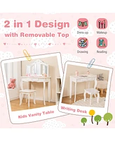 Kid Vanity Table Stool Set with Tri-Folding Mirror and 3-Color Led Lights