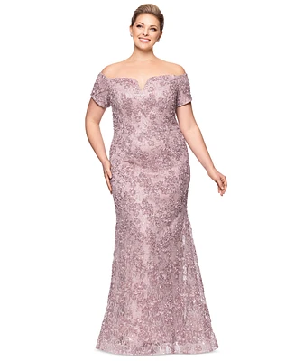 Xscape Plus Short-Sleeve Lace Off-The-Shoulder Gown