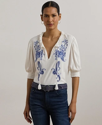 Lauren Ralph Lauren Women's Embroidered Jersey Tie-Neck Top