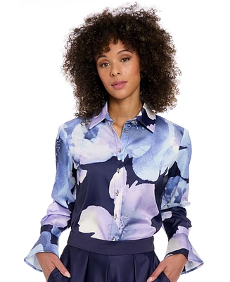 Muse Women's Floral Satin Collared Button-Front Blouse