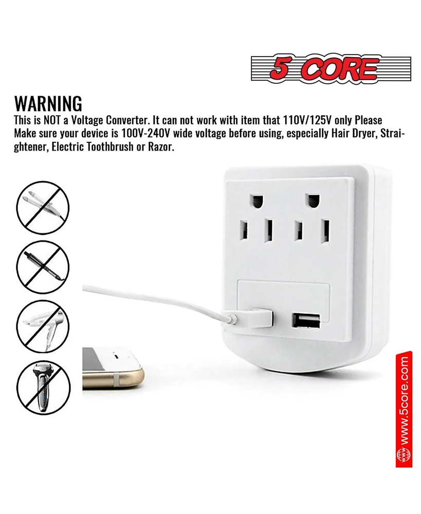 5 Core European Travel Plug Adapter, International Power Plug w/ 2 Usb, 2 Outlet Surge Protector Adaptor Charger