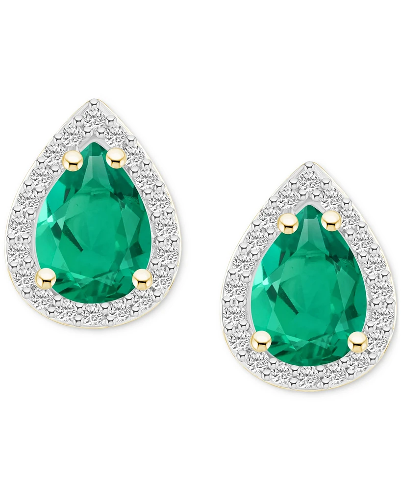 Lab-Created Emerald (1-1/3 ct. t.w.) & White Sapphire Pear Halo Stud Earrings 10k Gold