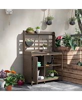 Outsunny Wooden Potting Bench with Storage, Aluminum Tabletop,