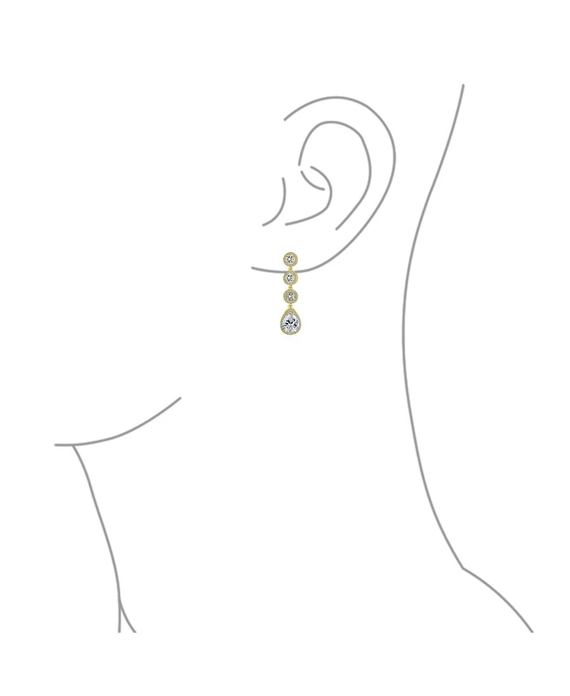 Bling Jewelry Classic Jewelry Fashion Statement Triple Round Pave Cz Halo Long Linear Pear Shape Dangle Teardrop Chandelier Earrings Yellow Gold Silve