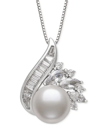 Belle de Mer Cultured Freshwater Pearl (9mm) & Lab-Created White Sapphire (1-1/2 ct. t.w.) Swirl 18" Pendant Necklace in Sterling Silver