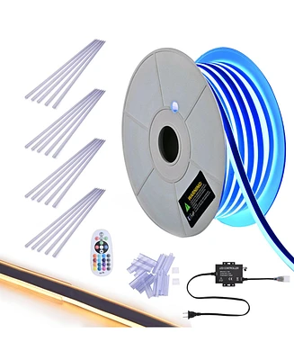 DELight 100FT Rgb Led Neon Rope Lights with 2" Plastic U Channel System 10PCS,App & Remote Control Ac 110V Waterproof Dimmable Cuttable Strip Lig
