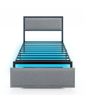 Twin Size Bed Frame with Led Lights Drawer and Metal Slats-Twin Size