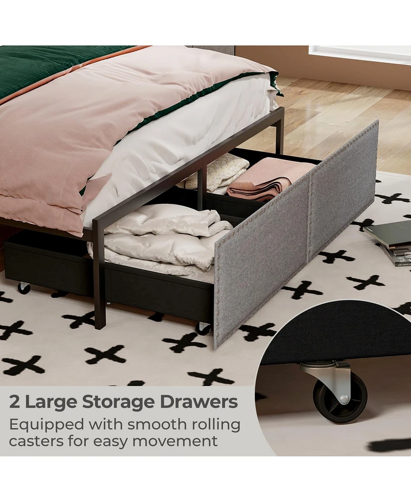 Full Size Bed Frame with Led Lights Drawer and Metal Slats-Full Size