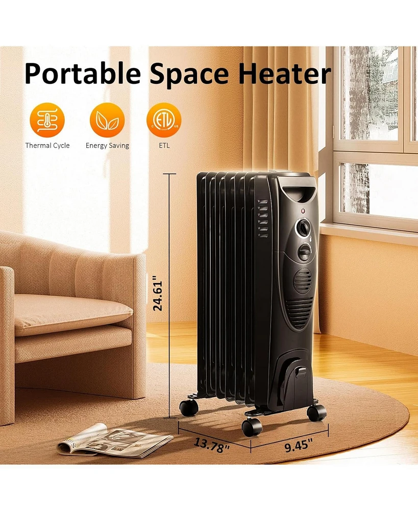 Zafro 1500W Oil-Filled Radiator Heater, Portable Electric Space Heater with Adjustable Thermostat, 3 Heat Levels, Tip-Over & Overheat Protection, Quie
