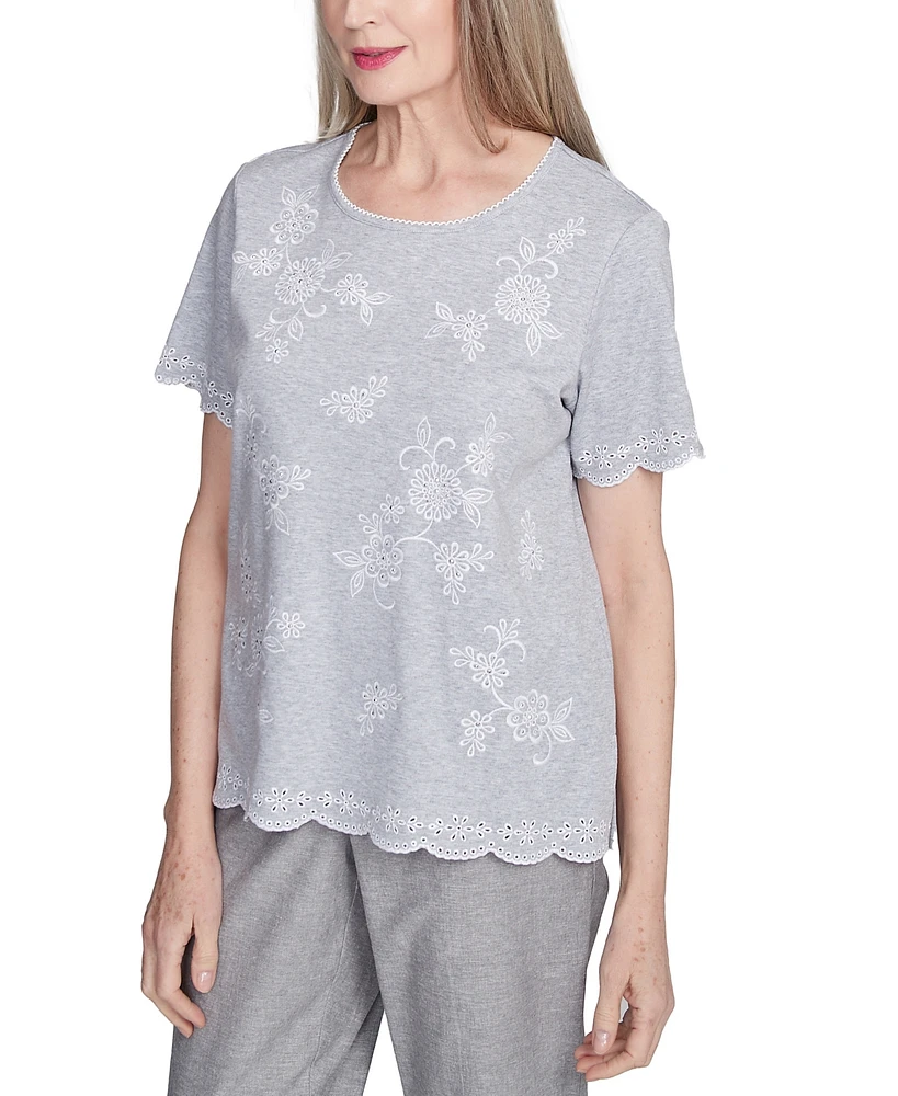 Alfred Dunner Women's Crystal Springs Embroidered Tossed Flower Crew Neck T-Shirt