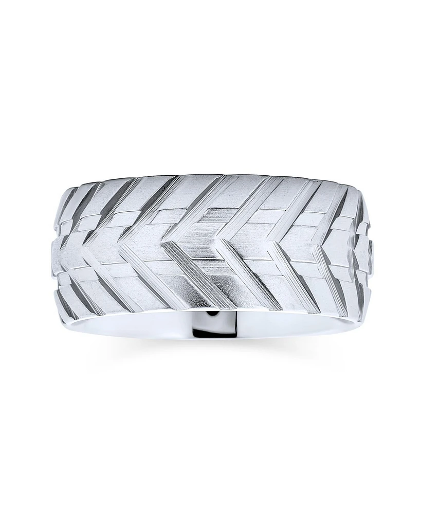 Bling Jewelry Mechanic Sports Car Racer Wide Tread Tire Band Ring Bikers Matte Brushed Silver Tone Stainless Steel 8MM