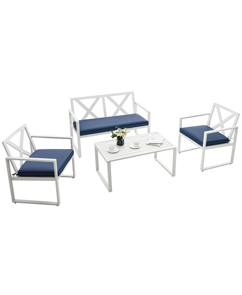 Gymax 4 Piece Outdoor Conversation Set Patio Furniture Set Metal Frame w/ Cushions