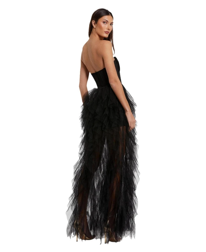 Mac Duggal Women's Strapless Bustier Net Gown With Spiral Ruffles