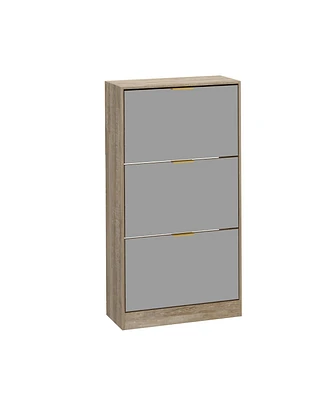 Wooden 3-door natural shoe cabinet,Mirror door panel, multi-purpose rack with metal handles