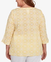 Alfred Dunner Plus Size Rise and Shine Embroidered Floral Eyelet Bell Sleeve Top