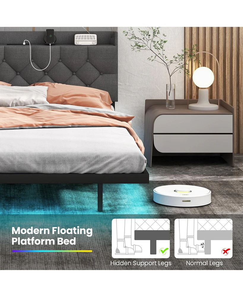 Full Size Floating Bed Frame with Led and Headboard and Charging Station-Full Size