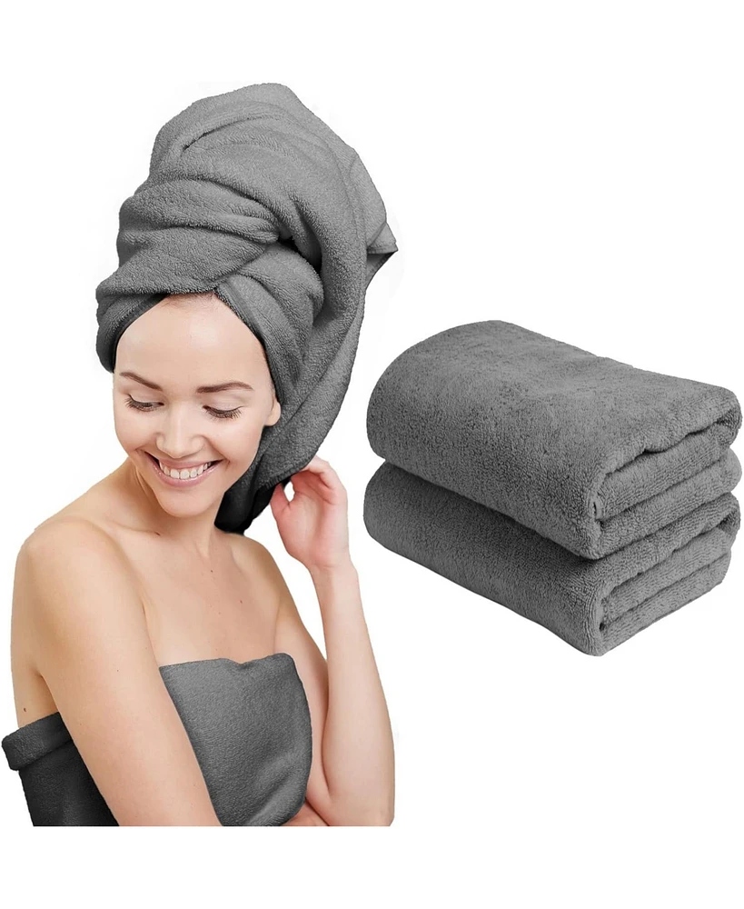 Liba 2-Pack Microfiber Hair Towel Wrap Rectangle Twist for Women 24 x 48 Inches - Gray