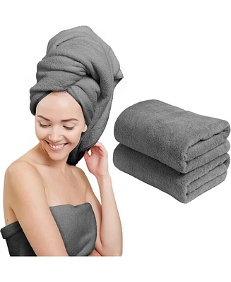 Liba 2-Pack Microfiber Hair Towel Wrap Rectangle Twist for Women 24 x 48 Inches - Gray