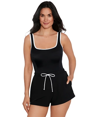ShapeSolver Sport by Mimi Flamingo Women's Colorblocked One-Piece Romper Swimsuit