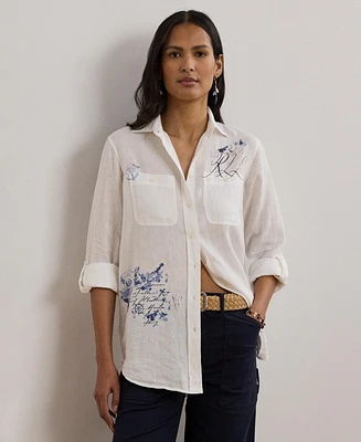Lauren Ralph 100% Linen Women's Relaxed-Fit Print Roll-Tab Sleeve Shirt