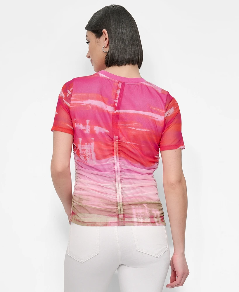 Dkny Women's Printed Mesh Crewneck Ruched Top